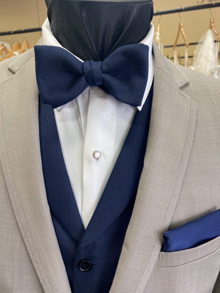 Navy Textured Blow Tie on Sandstone Tuxedo