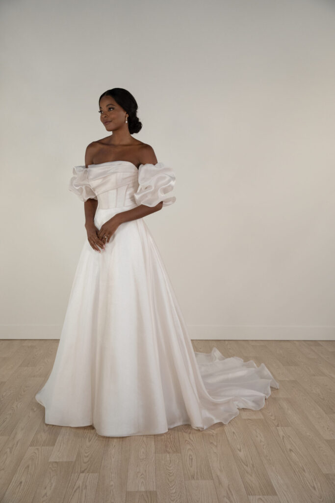 Off shoulder wedding dress with poof sleeves